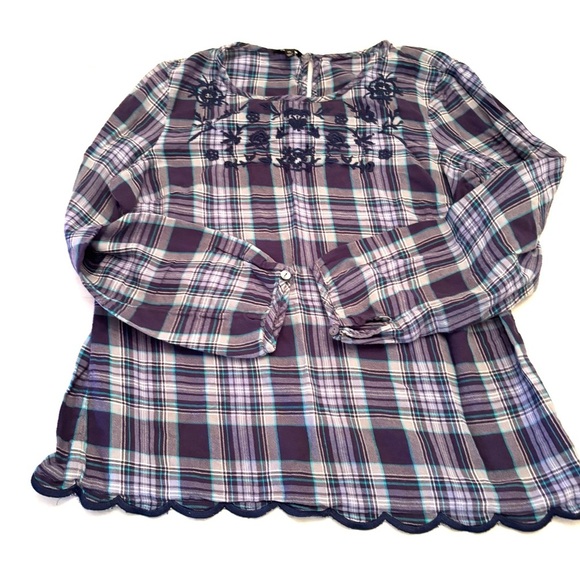 Talbots Tops - Talbots top plaid scalloped trim floral embroidered blue purple. SZ M P NWOT